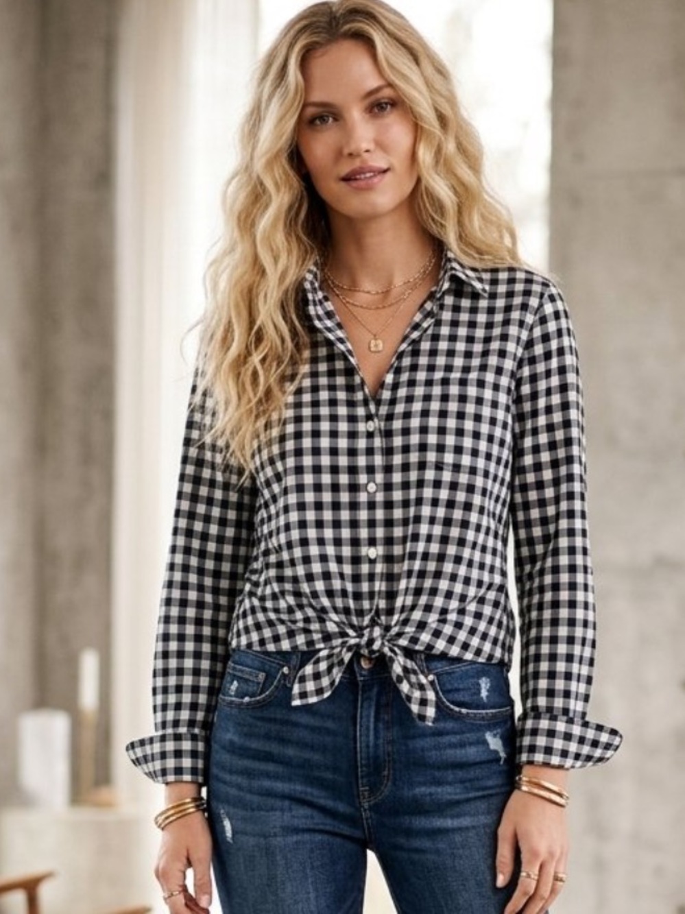J. Crew Gingham Check Button Down Shirt With Roll tab Sleeves retails $98